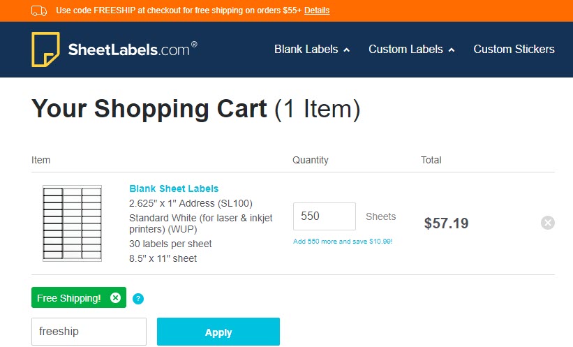 Example - Applying a coupon code to receive free shipping
